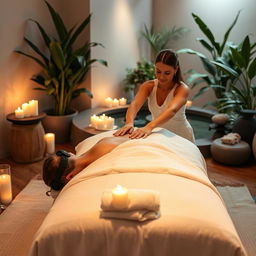 A serene and relaxing massage scene in a tranquil spa setting, featuring a person lying comfortably on a massage table draped with soft towels