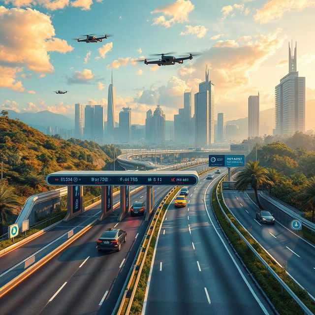 Futuristic highway technology scene featuring advanced toll systems with cutting-edge designs