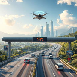 Futuristic highway technology scene featuring advanced toll systems with cutting-edge designs