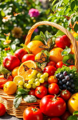 A bountiful display of vibrant and colorful natural foods including a variety of fresh fruits and vegetables such as ripe red apples, juicy oranges, plump grapes, leafy greens, and succulent tomatoes, all artfully arranged in a rustic wicker basket