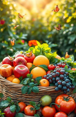 A bountiful display of vibrant and colorful natural foods including a variety of fresh fruits and vegetables such as ripe red apples, juicy oranges, plump grapes, leafy greens, and succulent tomatoes, all artfully arranged in a rustic wicker basket