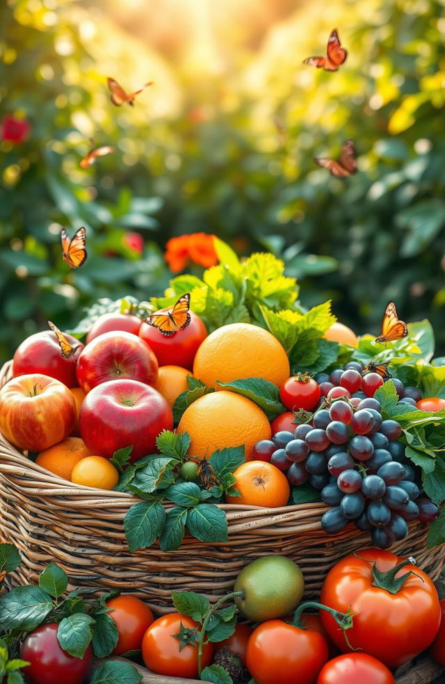 A bountiful display of vibrant and colorful natural foods including a variety of fresh fruits and vegetables such as ripe red apples, juicy oranges, plump grapes, leafy greens, and succulent tomatoes, all artfully arranged in a rustic wicker basket