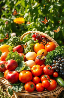 A bountiful display of vibrant and colorful natural foods including a variety of fresh fruits and vegetables such as ripe red apples, juicy oranges, plump grapes, leafy greens, and succulent tomatoes, all artfully arranged in a rustic wicker basket