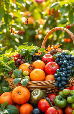 A bountiful display of vibrant and colorful natural foods including a variety of fresh fruits and vegetables such as ripe red apples, juicy oranges, plump grapes, leafy greens, and succulent tomatoes, all artfully arranged in a rustic wicker basket