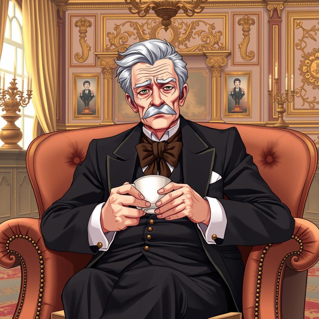 A distinguished and serious elderly man of masculine demeanor, resembling a classic butler, sitting in an opulent mansion salon