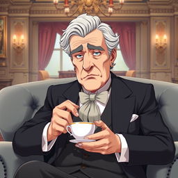 A distinguished and serious elderly man of masculine demeanor, resembling a classic butler, sitting in an opulent mansion salon