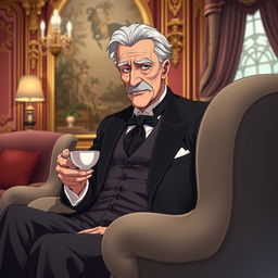 A distinguished and serious elderly man of masculine demeanor, resembling a classic butler, sitting in an opulent mansion salon