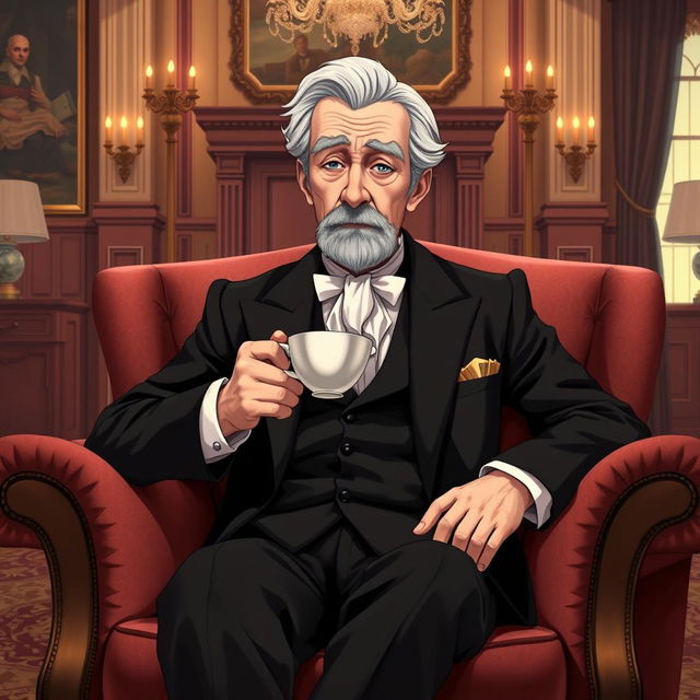 A distinguished and serious elderly man of masculine demeanor, resembling a classic butler, sitting in an opulent mansion salon