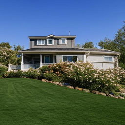 A cozy, beautiful home with a lush green lawn and colorful flowers surrounding it. The home flaunts a charming, welcoming aura under a clear blue sky.