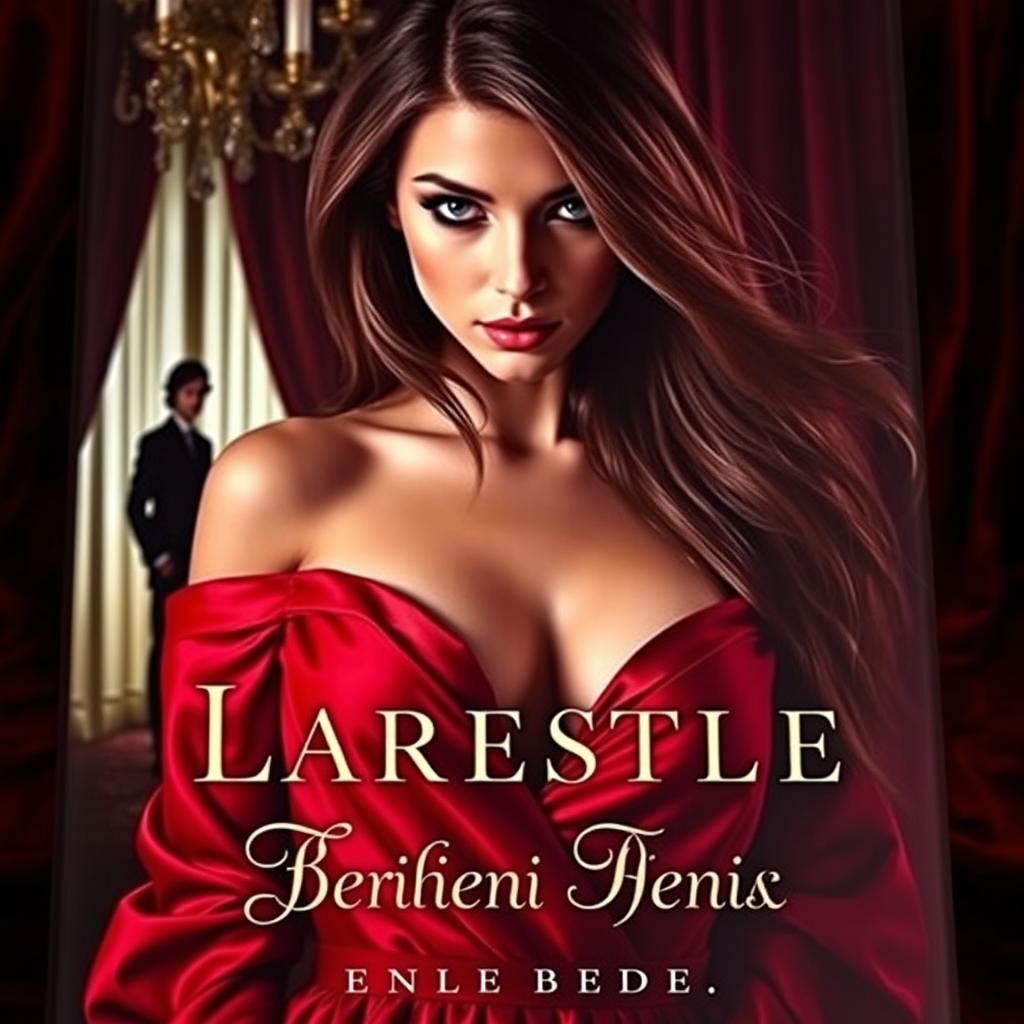 A seductive and intriguing book cover featuring a mysterious woman with long flowing hair, clad in a sultry red satin dress that drapes luxuriously off her shoulders