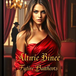 A seductive and intriguing book cover featuring a mysterious woman with long flowing hair, clad in a sultry red satin dress that drapes luxuriously off her shoulders