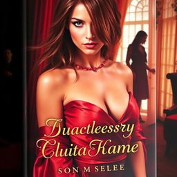 A seductive and intriguing book cover featuring a mysterious woman with long flowing hair, clad in a sultry red satin dress that drapes luxuriously off her shoulders