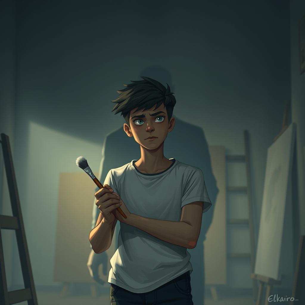 Depiction of a young man named Elkairo standing in the middle of a dimly lit art studio