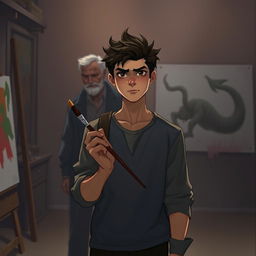 Depiction of a young man named Elkairo standing in the middle of a dimly lit art studio