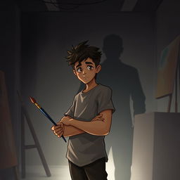 Depiction of a young man named Elkairo standing in the middle of a dimly lit art studio