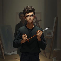 Depiction of a young man named Elkairo standing in the middle of a dimly lit art studio