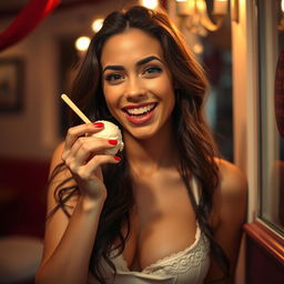 A sensual scene featuring a confident woman enjoying an ice cream in a playful and teasing manner, captured artistically to emphasize her allure