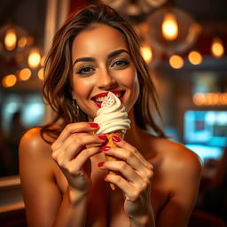 A sensual scene featuring a confident woman enjoying an ice cream in a playful and teasing manner, captured artistically to emphasize her allure