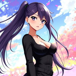 a beautiful and sexy anime girl with long flowing hair, wearing a stylish and form-fitting outfit, exuding confidence and charm