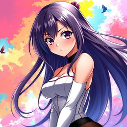 a beautiful and sexy anime girl with long flowing hair, wearing a stylish and form-fitting outfit, exuding confidence and charm