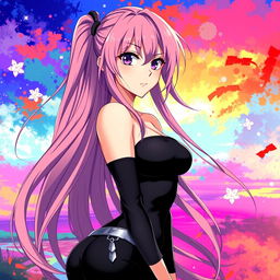 a beautiful and sexy anime girl with long flowing hair, wearing a stylish and form-fitting outfit, exuding confidence and charm