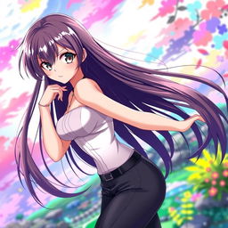 a beautiful and sexy anime girl with long flowing hair, wearing a stylish and form-fitting outfit, exuding confidence and charm