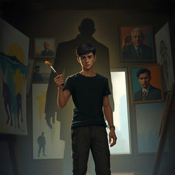 A young man named Elkairo stands in a dimly lit art studio, holding a brush with a firm hand, his face expressing a mixture of determination and doubt