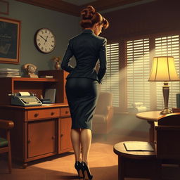 1950s-style art depicting a sexy, mature businesswoman in an elegant pencil skirt suit, viewed from behind as she bends over a vintage wooden desk