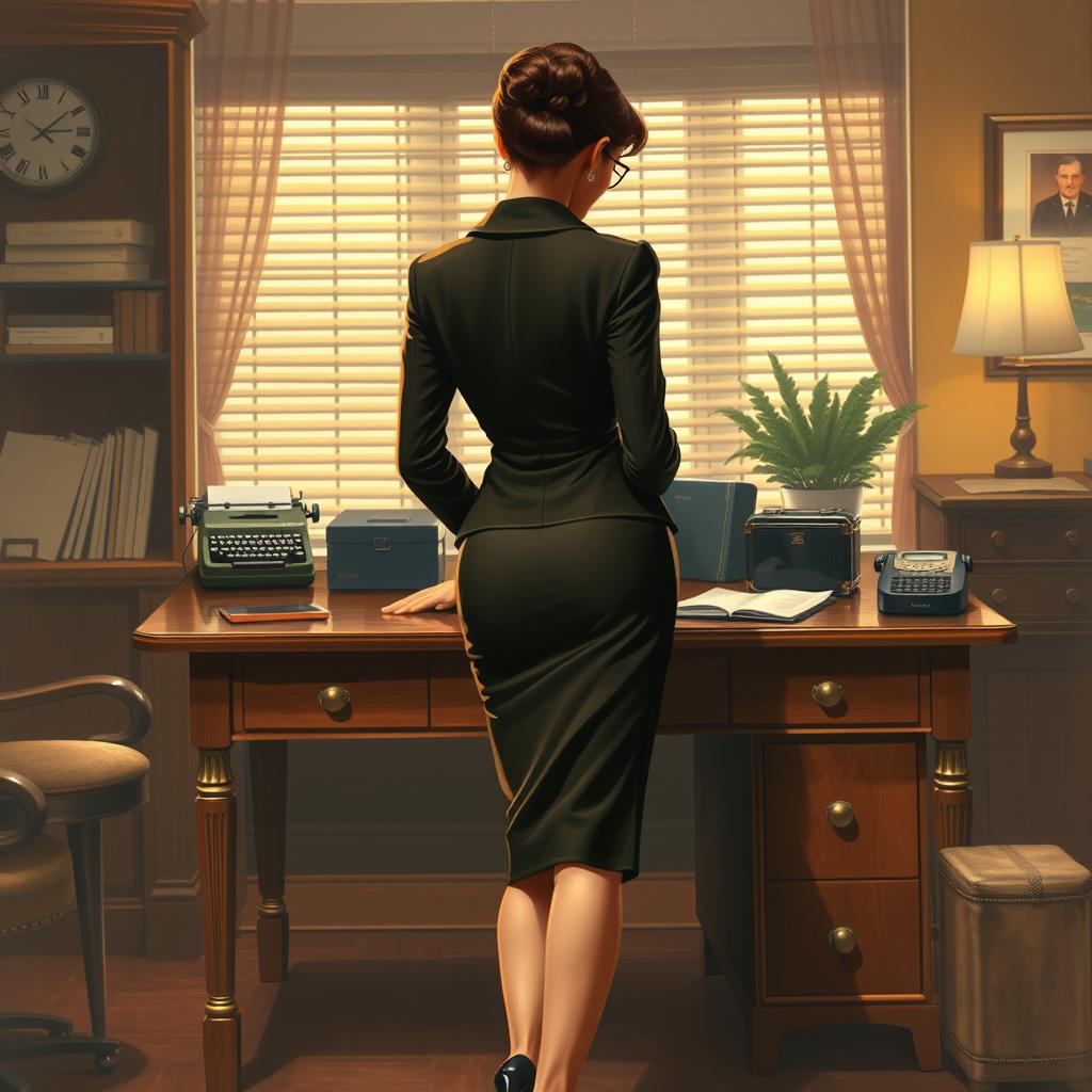 1950s-style art depicting a sexy, mature businesswoman in an elegant pencil skirt suit, viewed from behind as she bends over a vintage wooden desk