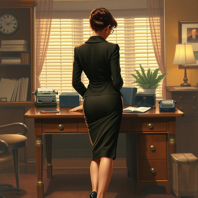 1950s-style art depicting a sexy, mature businesswoman in an elegant pencil skirt suit, viewed from behind as she bends over a vintage wooden desk