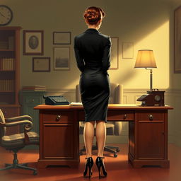 1950s-style art depicting a sexy, mature businesswoman in an elegant pencil skirt suit, viewed from behind as she bends over a vintage wooden desk