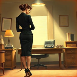 1950s-style art depicting a sexy, mature businesswoman in an elegant pencil skirt suit, viewed from behind as she bends over a vintage wooden desk