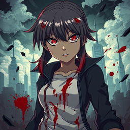 A fierce and captivating anime girl with crimson-streaked hair standing confidently amidst a dramatic scene of chaos, with splatters of blood adding intensity to her appearance