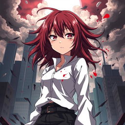 A fierce and captivating anime girl with crimson-streaked hair standing confidently amidst a dramatic scene of chaos, with splatters of blood adding intensity to her appearance