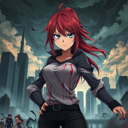 A fierce and captivating anime girl with crimson-streaked hair standing confidently amidst a dramatic scene of chaos, with splatters of blood adding intensity to her appearance