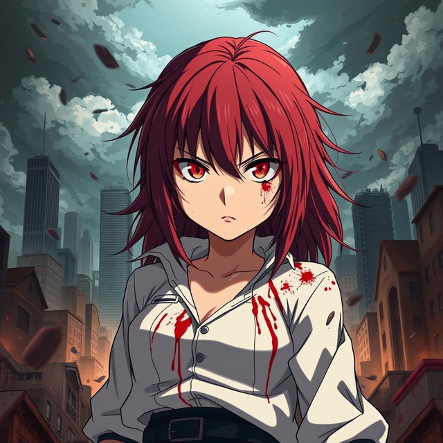 A fierce and captivating anime girl with crimson-streaked hair standing confidently amidst a dramatic scene of chaos, with splatters of blood adding intensity to her appearance