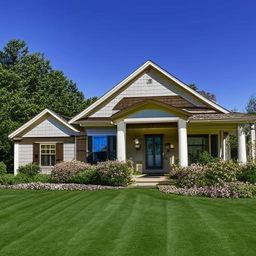 A cozy, beautiful home with a lush green lawn and colorful flowers surrounding it. The home flaunts a charming, welcoming aura under a clear blue sky.