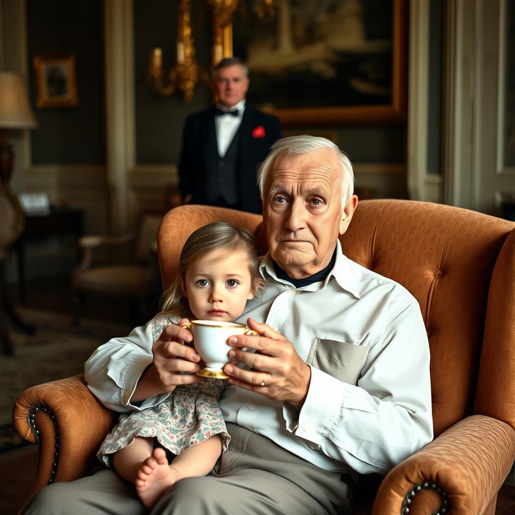 A distinguished elderly man, looking serious and tired, is sitting in a luxurious mansion setting