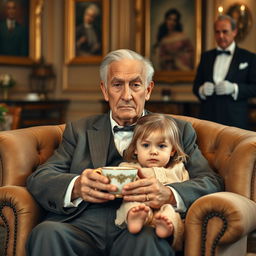 A distinguished elderly man, looking serious and tired, is sitting in a luxurious mansion setting