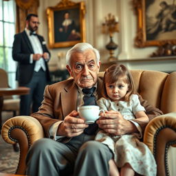 A distinguished elderly man, looking serious and tired, is sitting in a luxurious mansion setting