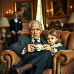 A distinguished elderly man, looking serious and tired, is sitting in a luxurious mansion setting