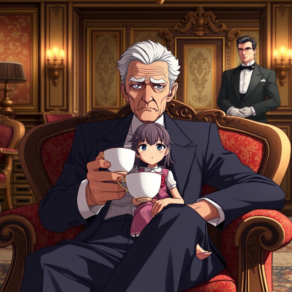 An anime-styled scene featuring a distinguished elderly man with expressive eyes and a perfect face, looking serious and tired