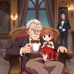 An anime-styled scene featuring a distinguished elderly man with expressive eyes and a perfect face, looking serious and tired