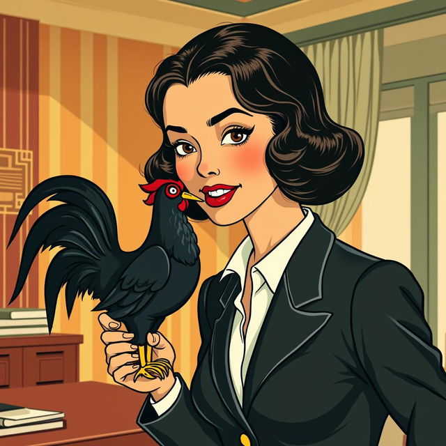 1930s art style illustration of a mature businesswoman with a sophisticated appearance, set against an Art Deco office backdrop