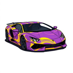 a stylish cartoon-inspired Lamborghini with no logo, featuring a vibrant purple and yellow wave pattern