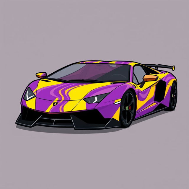 a stylish cartoon-inspired Lamborghini with no logo, featuring a vibrant purple and yellow wave pattern