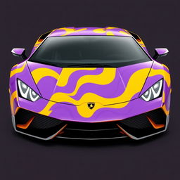 a sleek and stylish Lamborghini with no logo, featuring a vibrant purple and yellow wave pattern with subtle cartoon elements