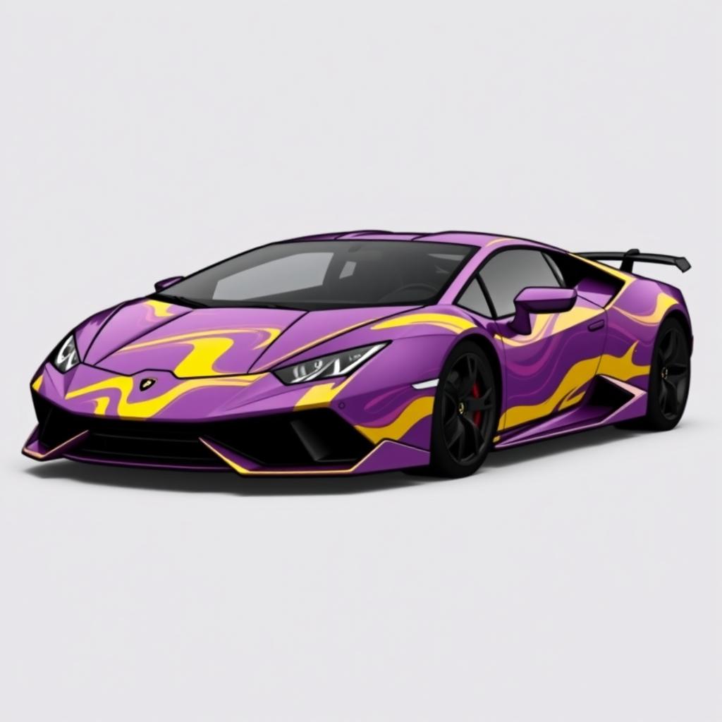 a sleek and stylish Lamborghini with no logo, featuring a vibrant purple and yellow wave pattern with subtle cartoon elements