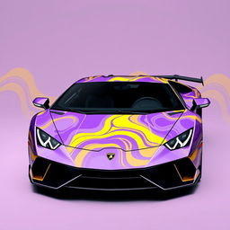 a sleek and stylish Lamborghini with no logo, featuring a vibrant purple and yellow wave pattern with subtle cartoon elements