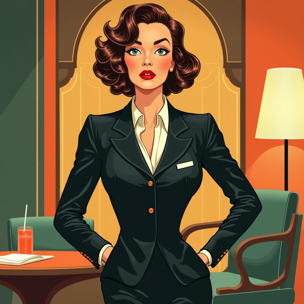 1930s art style illustration of a mature businesswoman with short brown curly hair, characterized by elegance and sophistication